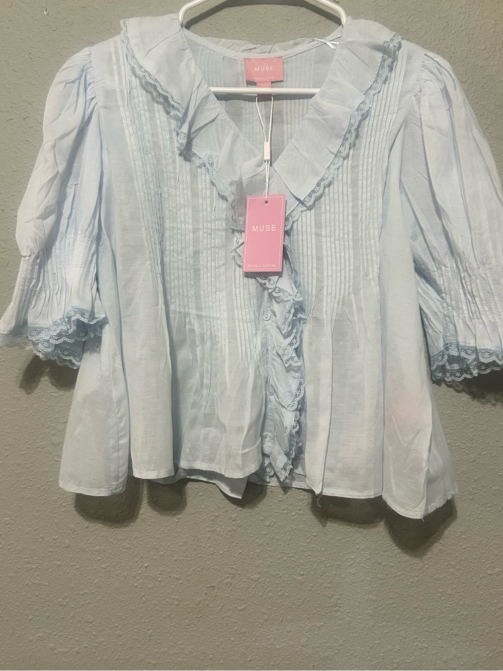 Muse Light Blue Ruffle Pintuck Blouse